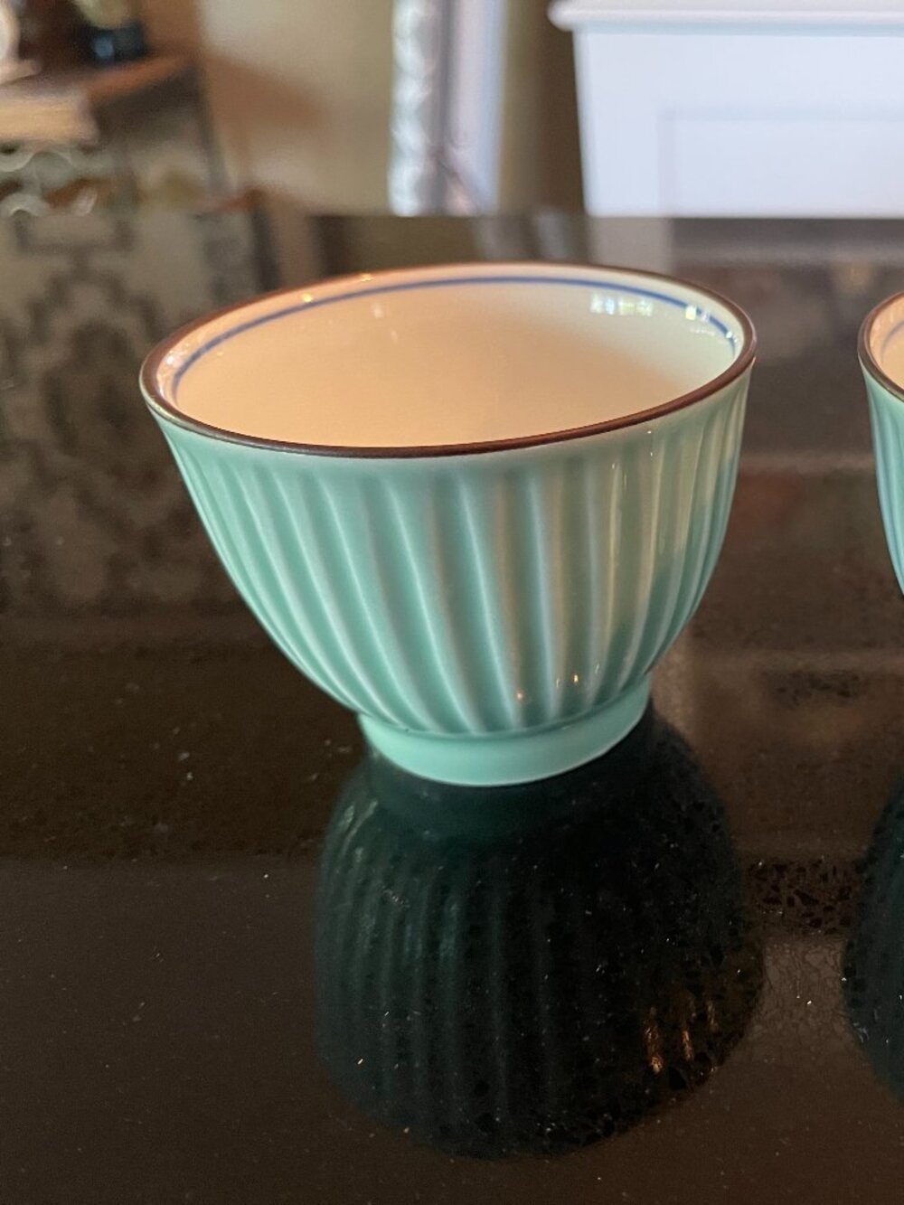 Japanese Celadon Vertical Pattern Trumpeted Teacups with Blue White Village Desi